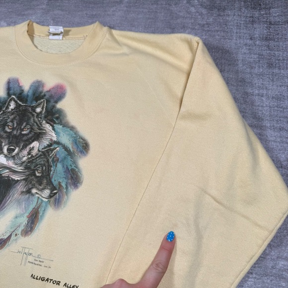 Vintage Nature Sweatshirt Mens XL Yellow Jan Taylor Native American Wolf - Picture 6 of 11